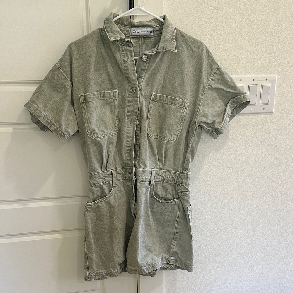 Zara faded sage green short sleeve utility romper